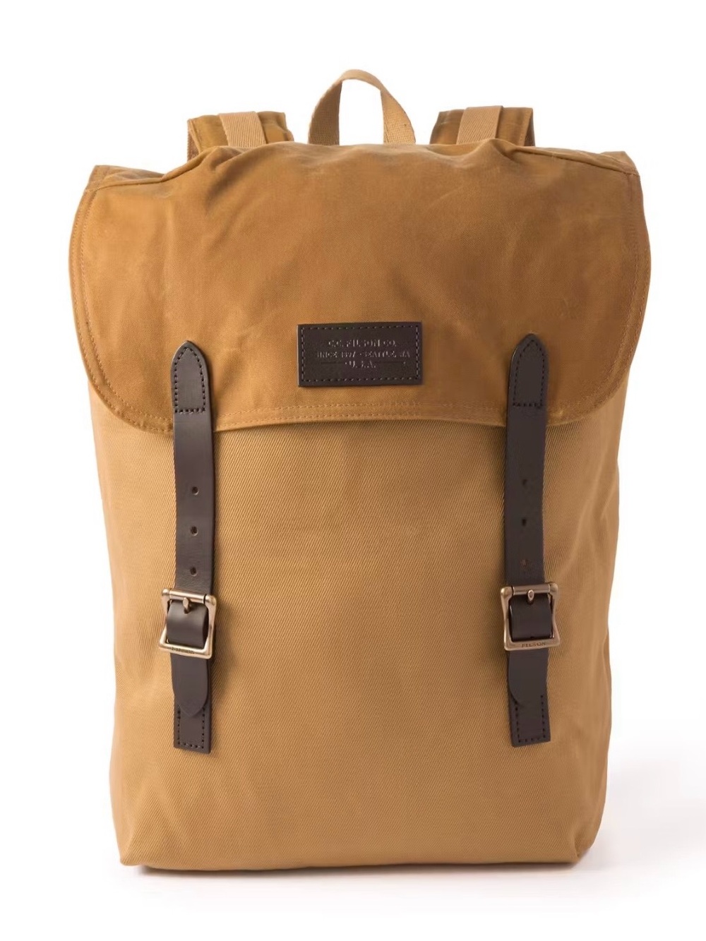 Filson Tan Canvas Backpack with Dark Brown Leather Straps